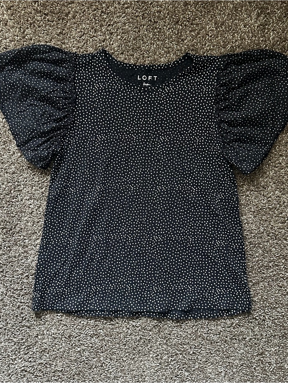 LOFT Black Polka Dot Linen Flutter Sleeve Blouse Small